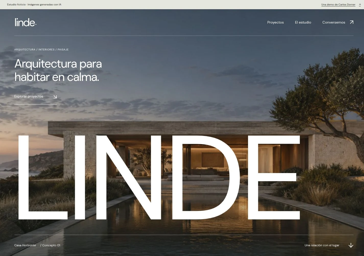 Demostración para Linde, una marca ficticia de arquitectura: diseño editorial e ilustración original de un patio