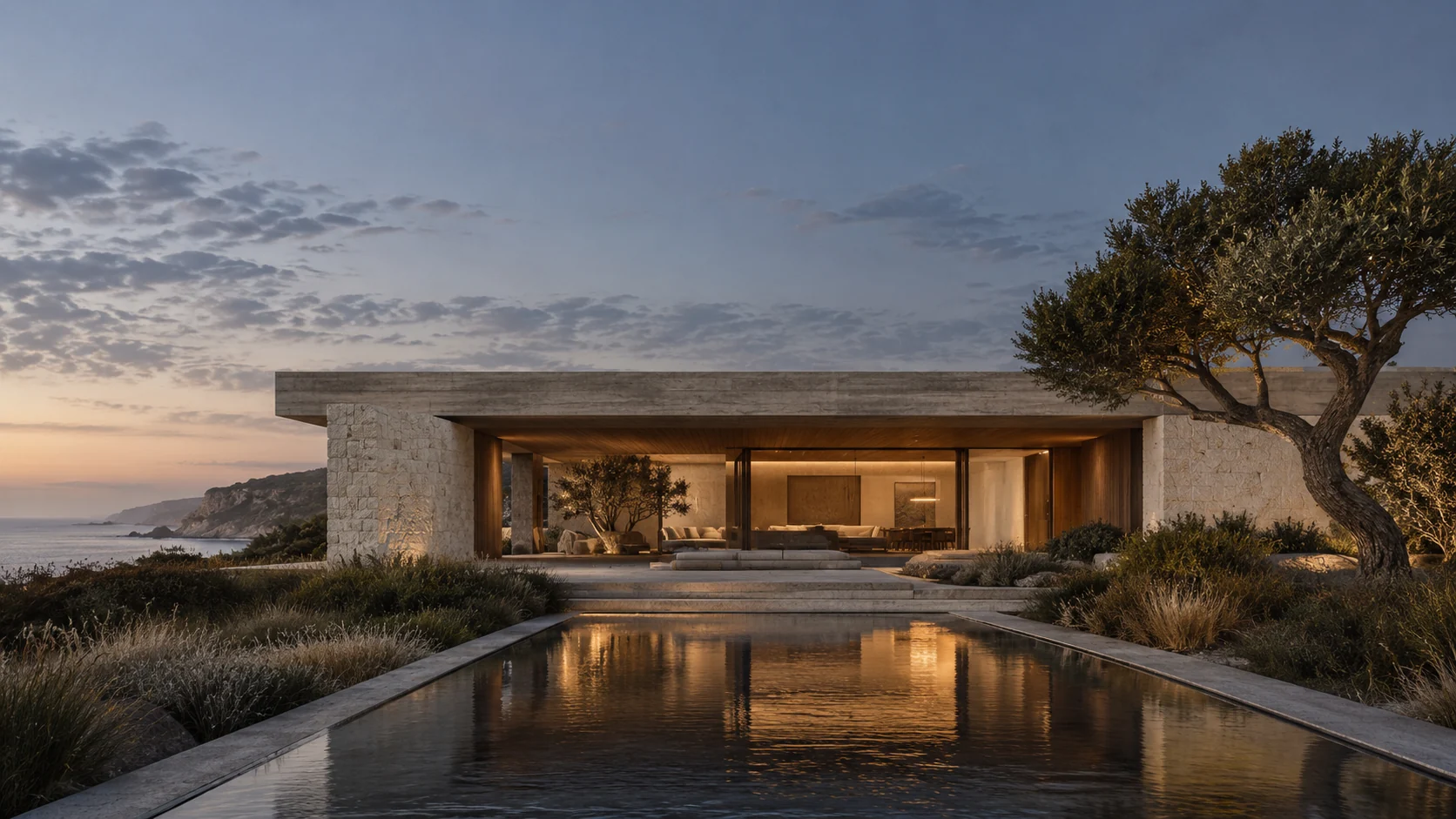 Visualización conceptual generada con IA: vivienda horizontal de piedra junto al mar, con un patio y agua que refleja la luz del atardecer