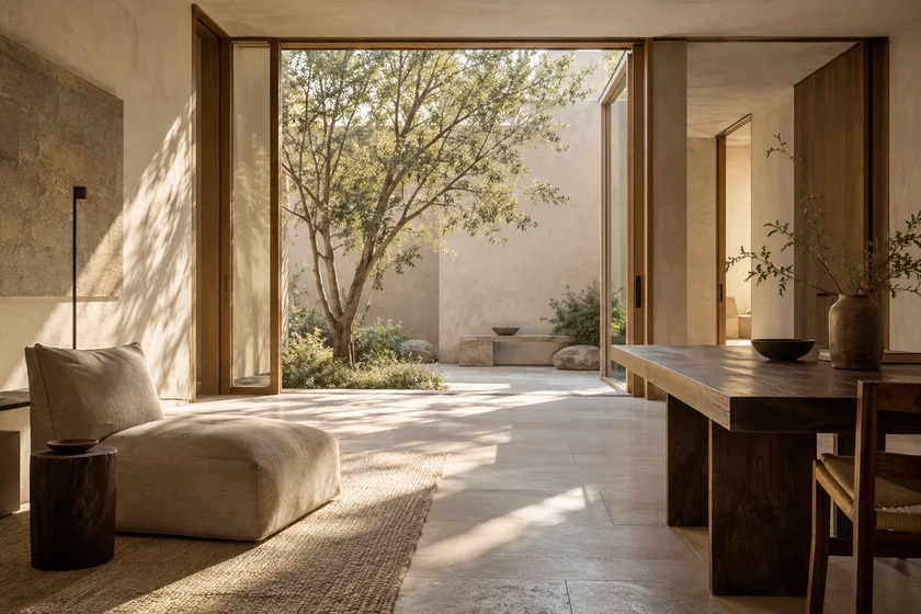 Patio Interior: madera, piedra clara y luz natural en un espacio doméstico conceptual