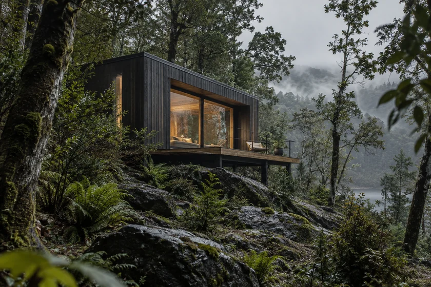 Refugio del Bosque: pequeña vivienda de madera oscura entre árboles y helechos, visualización conceptual